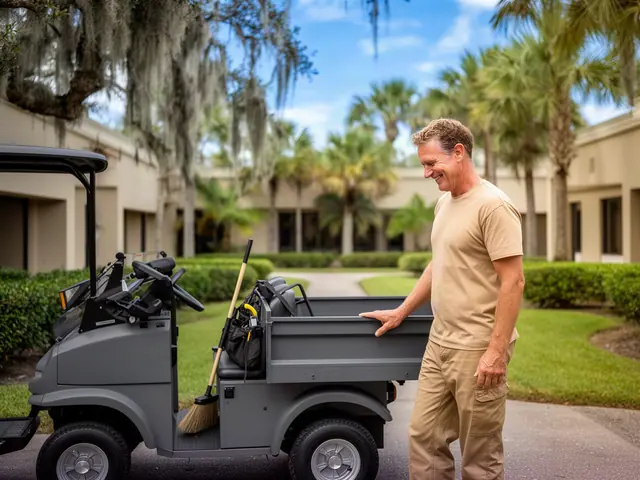 A man with short sun-bleached brown hair beside new equipment in a small property-maintenance business for apartment complexes and office parks.