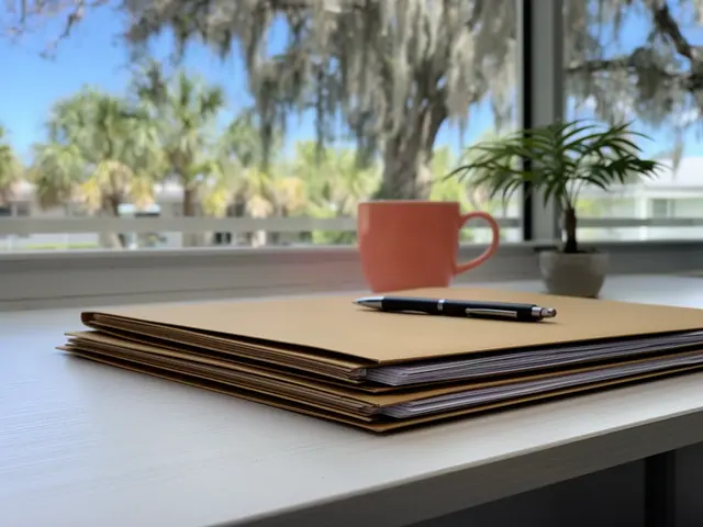 A neat stack of closed manila folders and a pen on a desk by a window.
