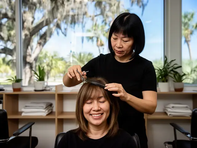 A stylist finishing a client's hair in a bright salon.