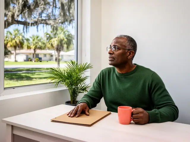 A man with short graying hair and wire-rimmed glasses at a desk with a folder and a mug in a small back office.