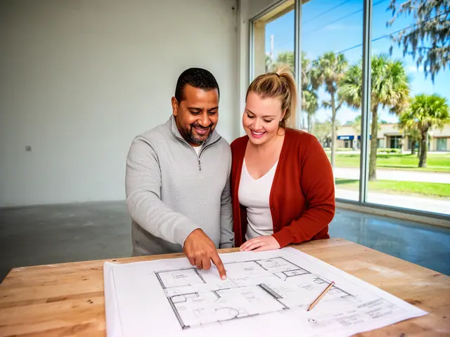 Two business partners looking over a pencil floor sketch in an empty storefront.