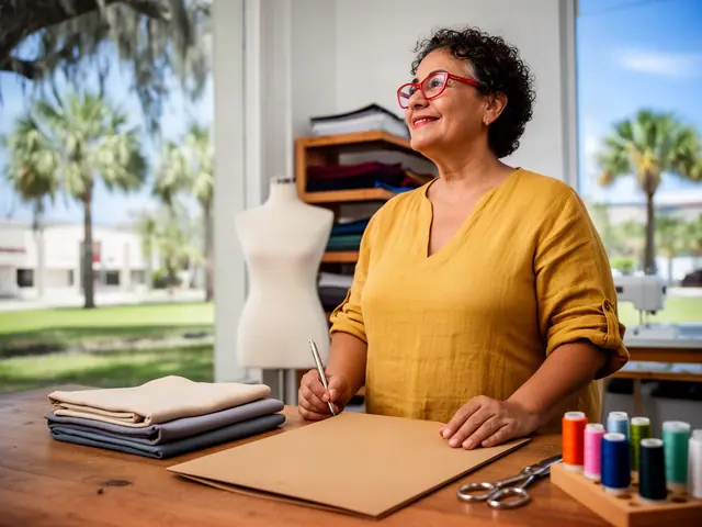 A woman with short dark curls and red-framed glasses at a work table with a closed folder in a small sewing and alterations shop.